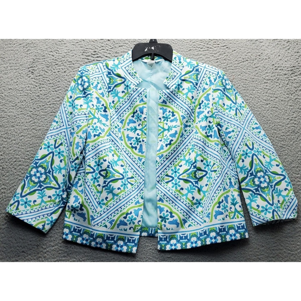 Alia Blazer Womens Petite 6 Multicolor Plaid Floral Lined Slit Sleeve Open Front